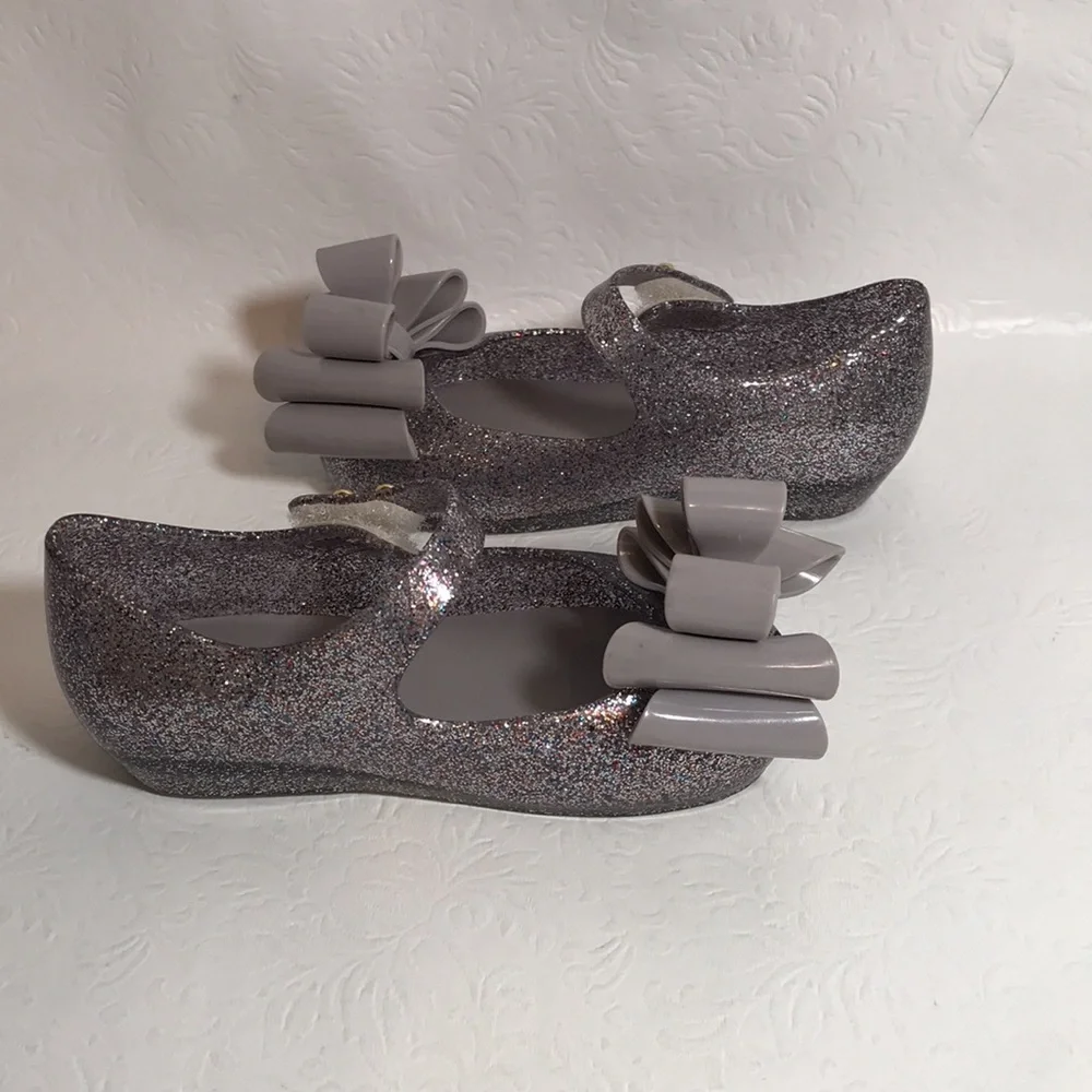 Mini Melissa Ultragirl Glittery Triple Bow Silver Jelly Shoes Size 7